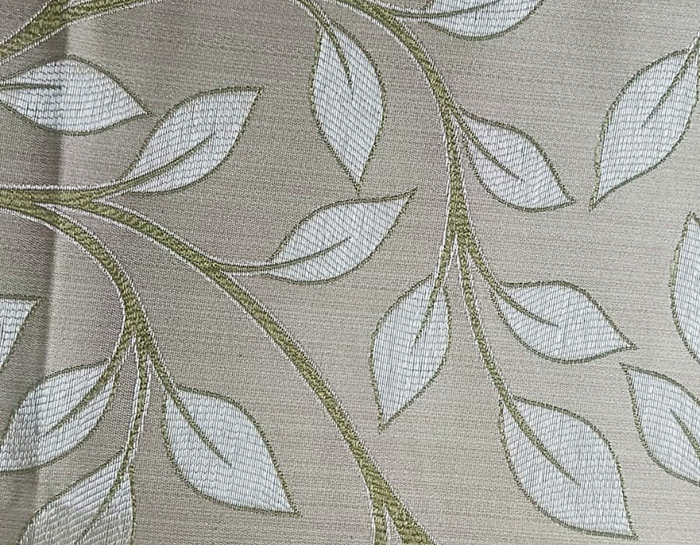 Taupe Satin Fabric with Olive & Ivory Botanical Leaf Jacquard