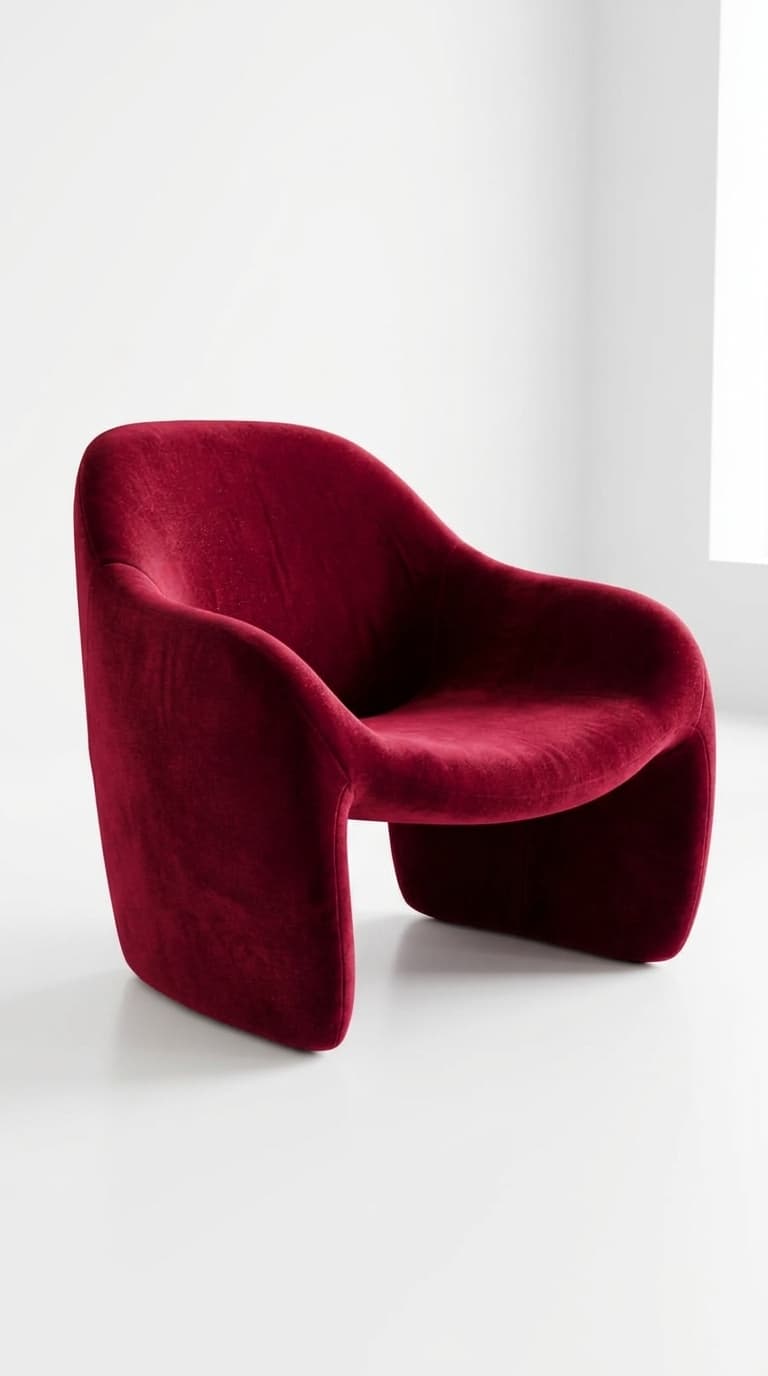 Contemporary curved accent armchair upholstered in deep maroon velvet fabric, shown against a minimalist white backdrop by Karigari Fabrics.