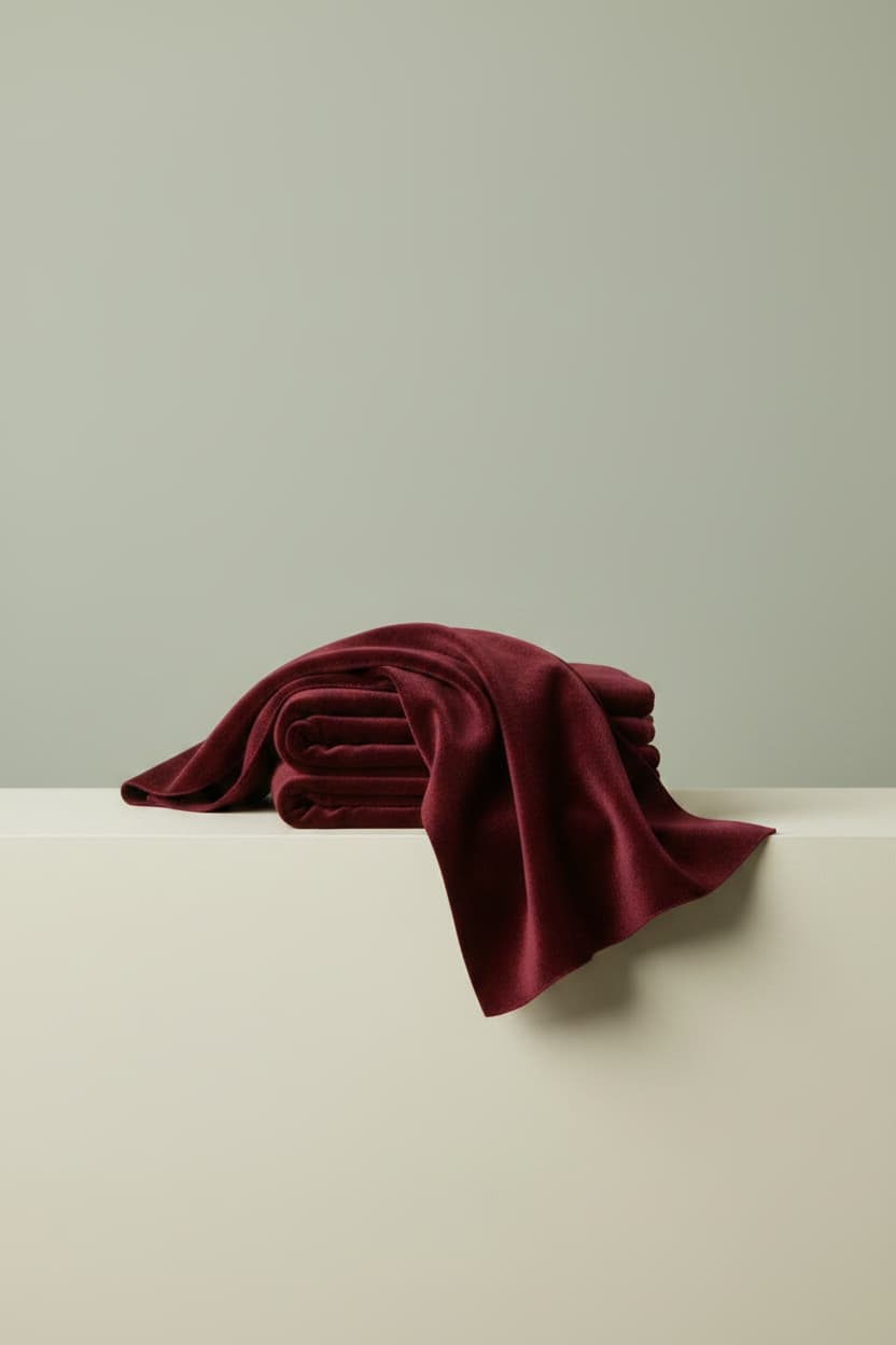 A luxurious swatch of deep maroon velvet upholstery fabric elegantly draped over a step by Karigari Fabrics.