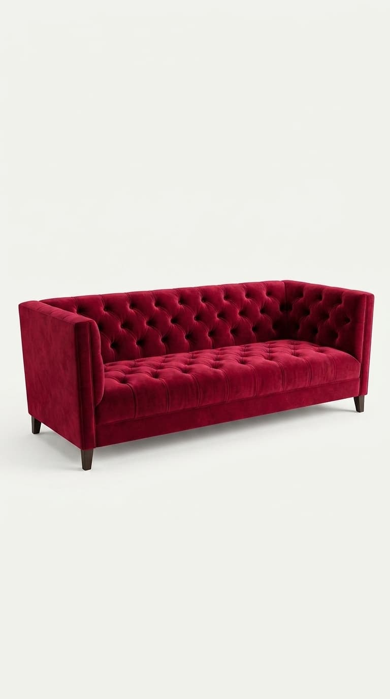 Modern straight-line tuxedo sofa upholstered in a rich crimson red velvet fabric by Karigari Fabrics.