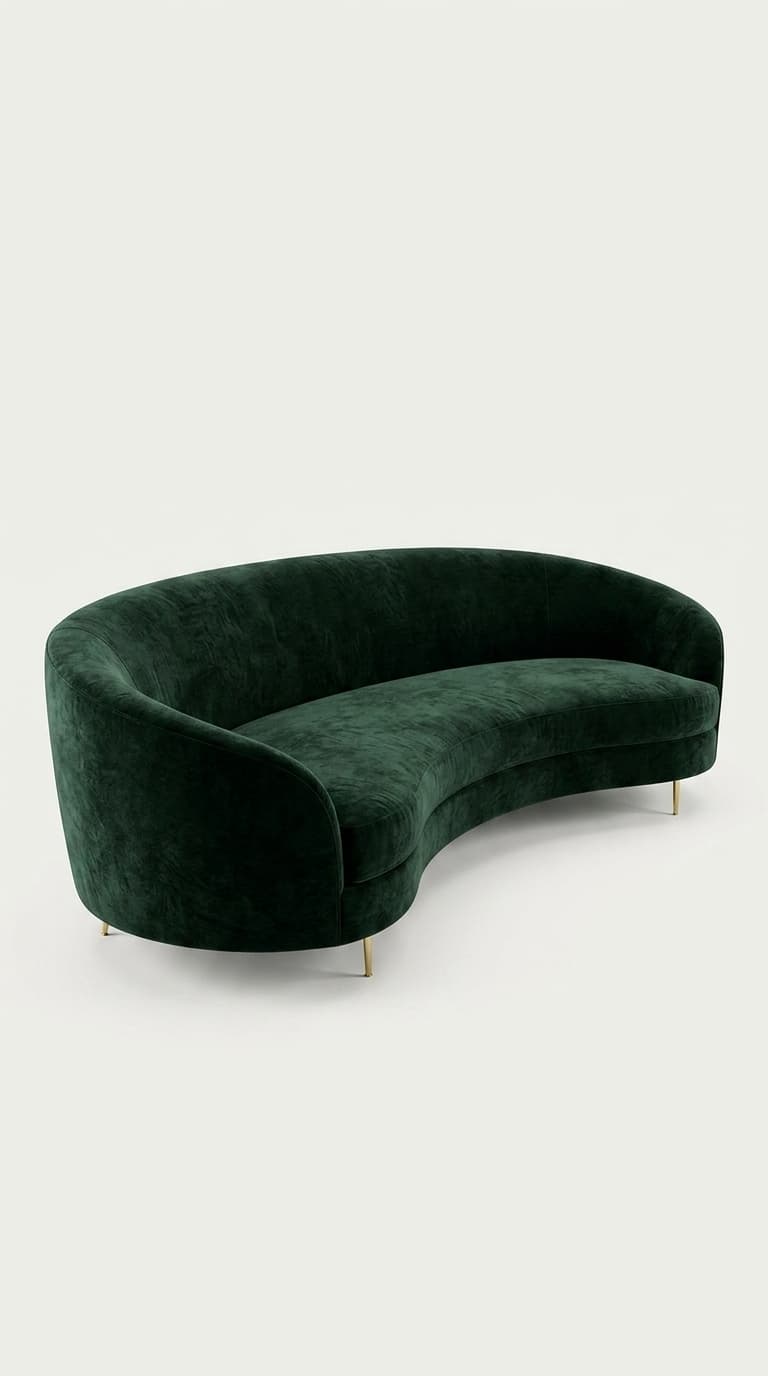 Modern minimalist serpentine curved sofa upholstered in premium emerald green velvet fabric by Karigari Fabrics.