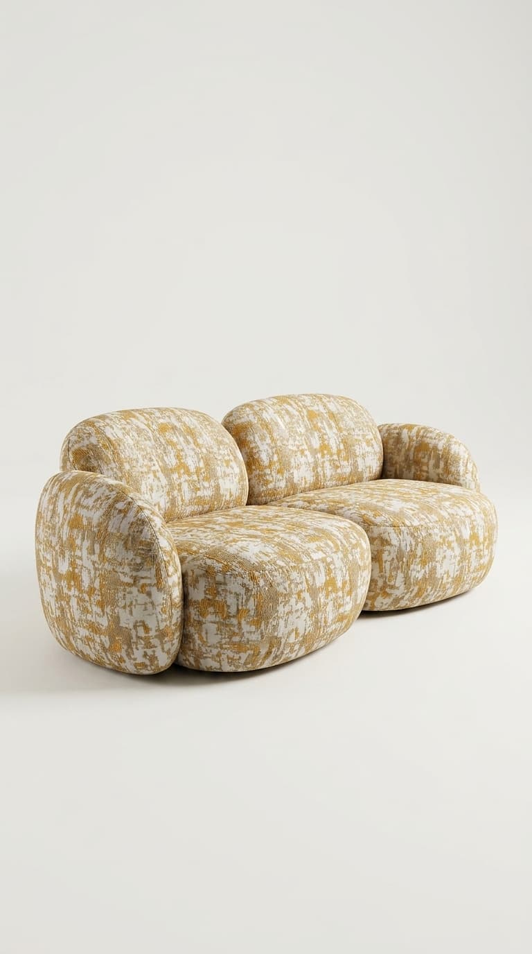 Ivory cushion cover made from abstract gold jacquard fabric — styled home décor, Karigari Fabrics