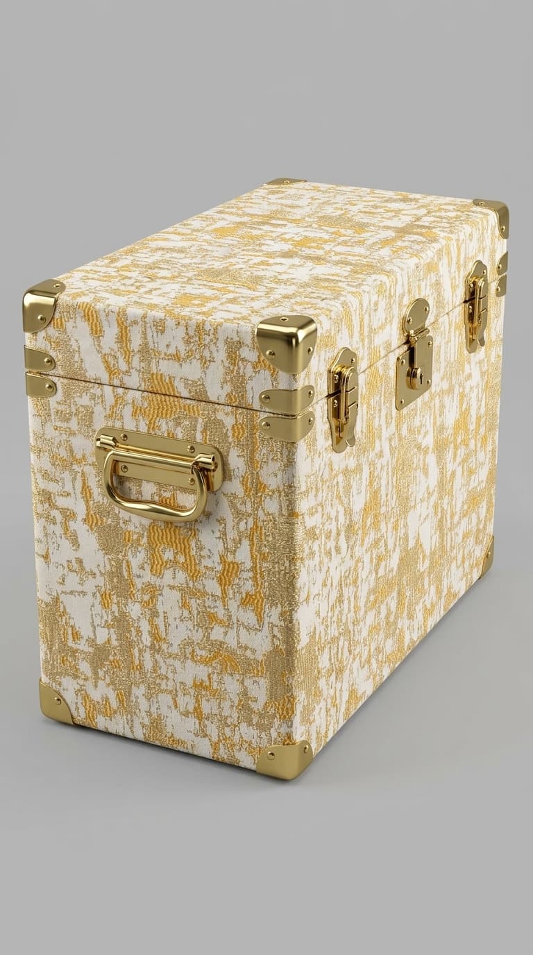 Upholstered storage trunk in ivory jacquard fabric — abstract gold distressed weave detail