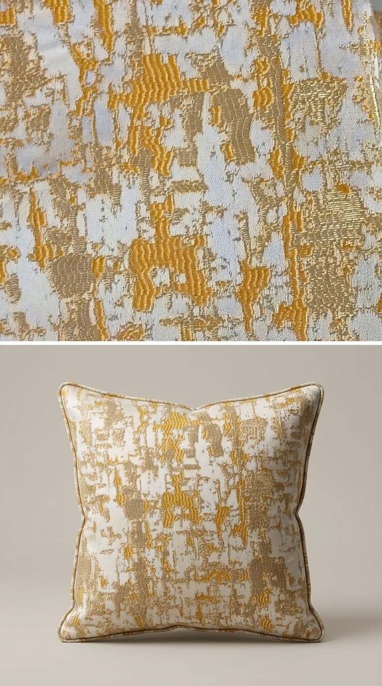 Abstract distressed jacquard fabric in gold and ivory — close-up of woven texture, Karigari Fabrics
