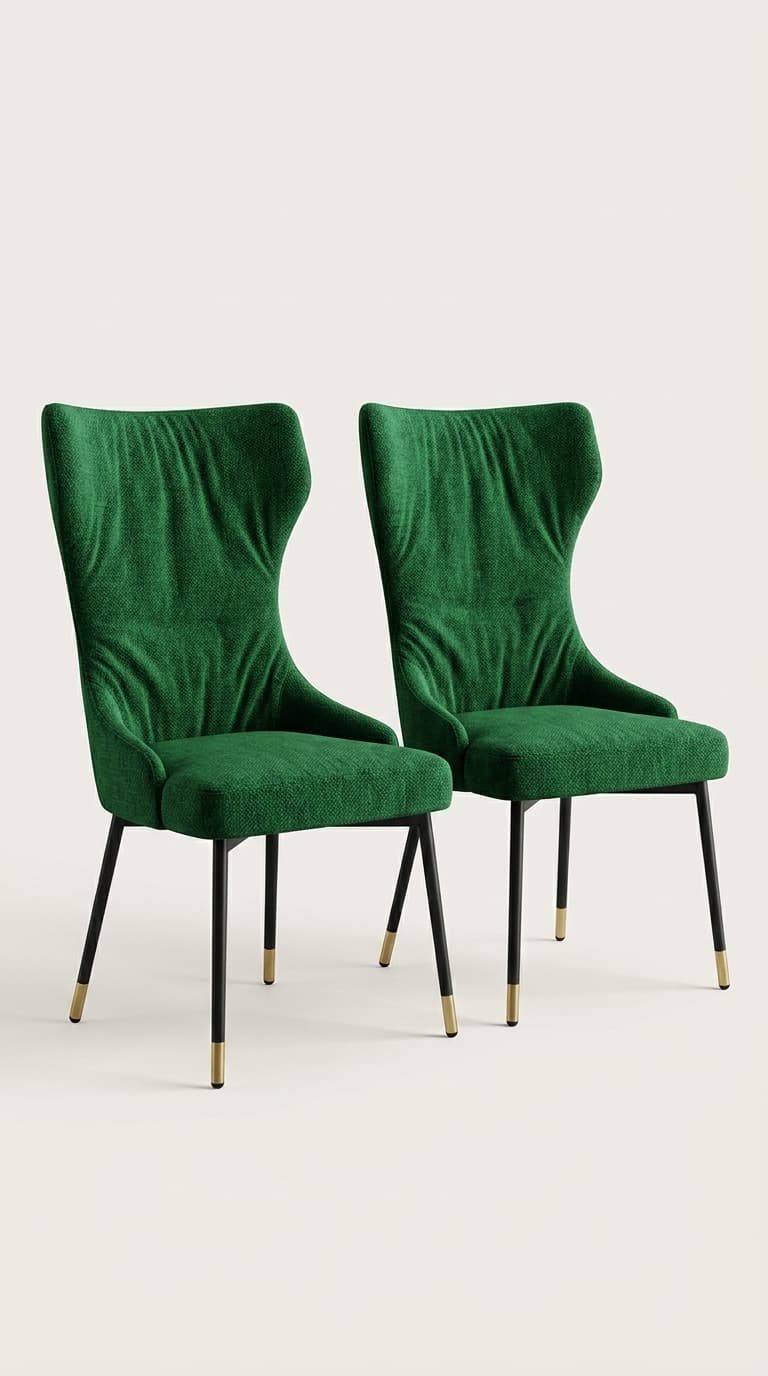A pair of contemporary mid-century wingback dining chairs upholstered in rich emerald green velvet with metal legs by Karigari Fabrics.