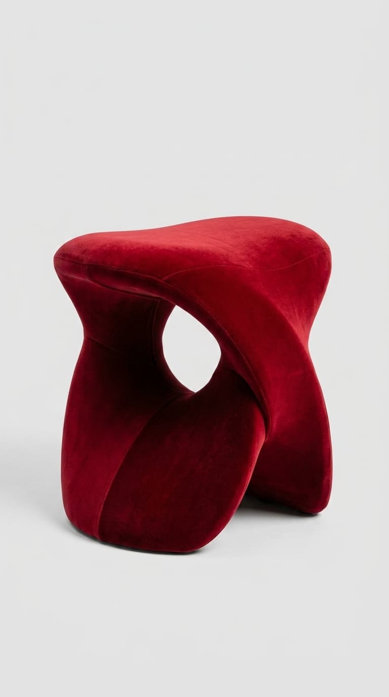 An avant-garde sculptural geometric stool fully upholstered in textured crimson velvet fabric from Karigari Fabrics.